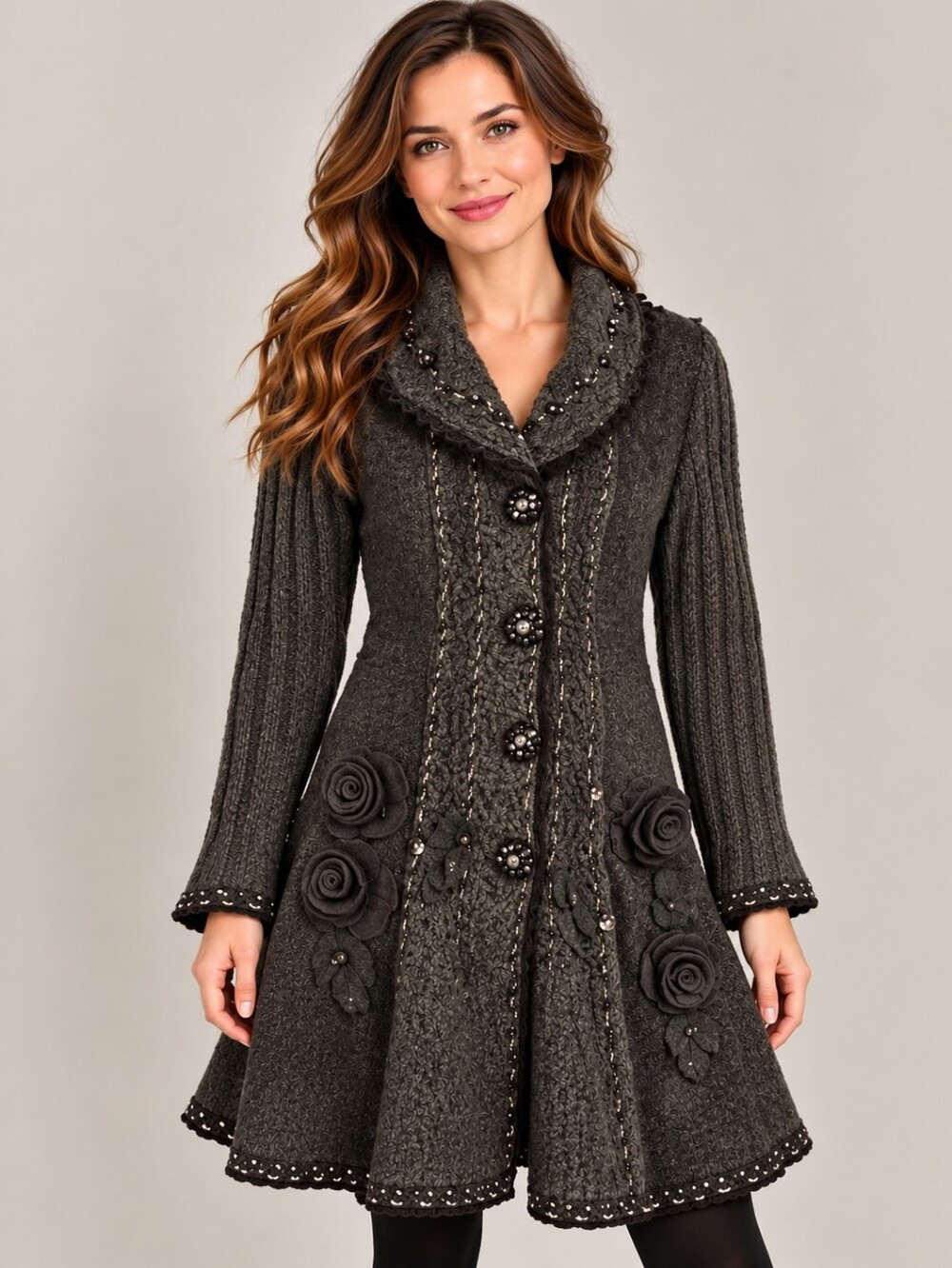 VTG FORLA PARIS 1990s Wool Fur Trim Rosette Longline Sweater Cardigan